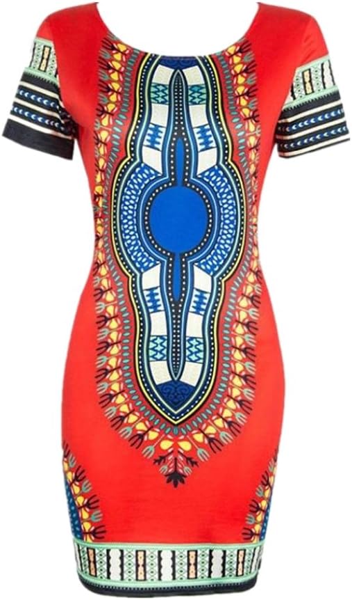 SHOBDW Women Womens Dresses, Traditional African Print Dashiki Bodycon Sexy Short Sleeve Dress