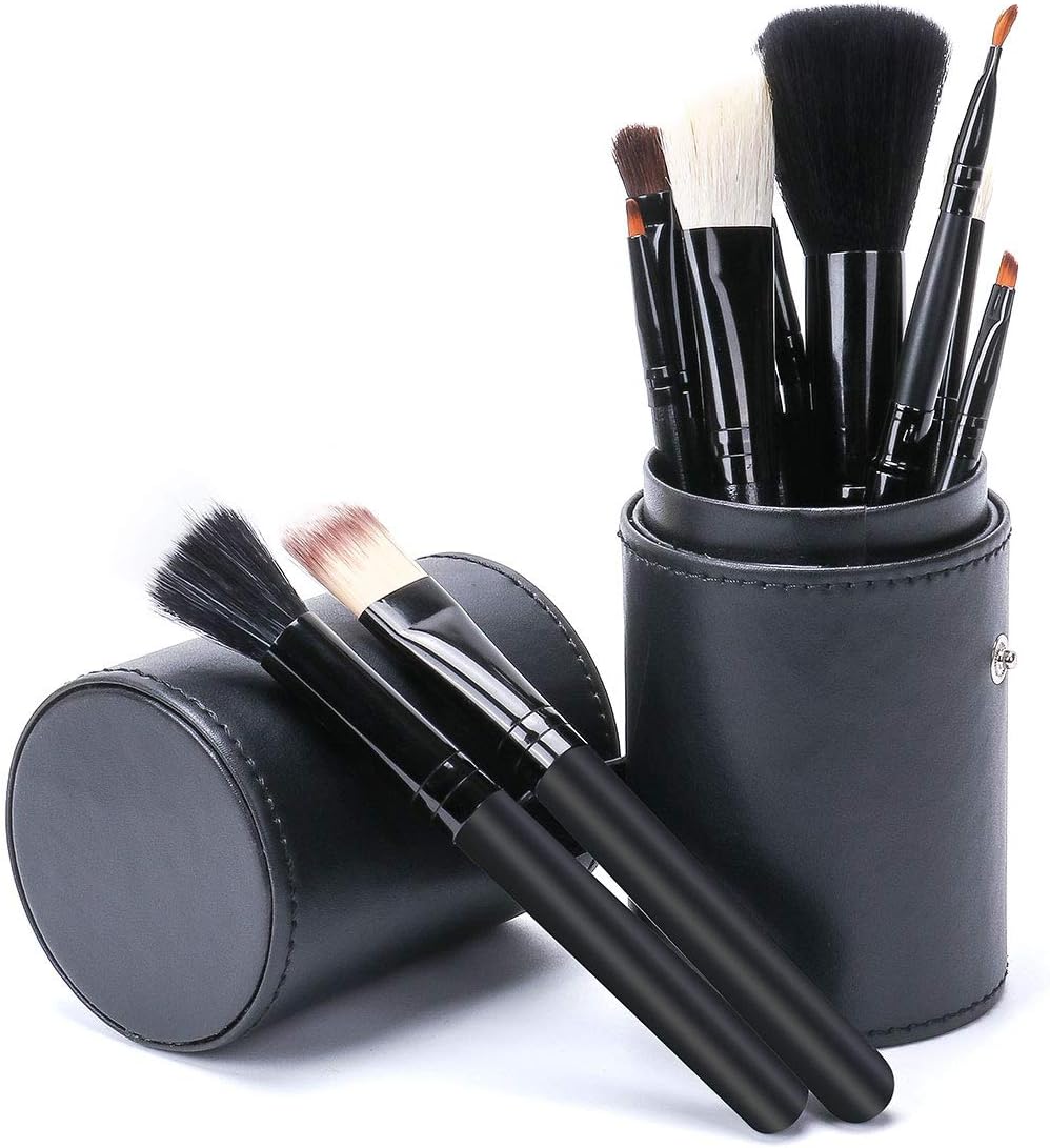 Makeup Brush Sets - 10 Pcs Makeup Brushes Black With Leather Case Snaps For Eyeshadow Eyeliner Cosmetic Tool