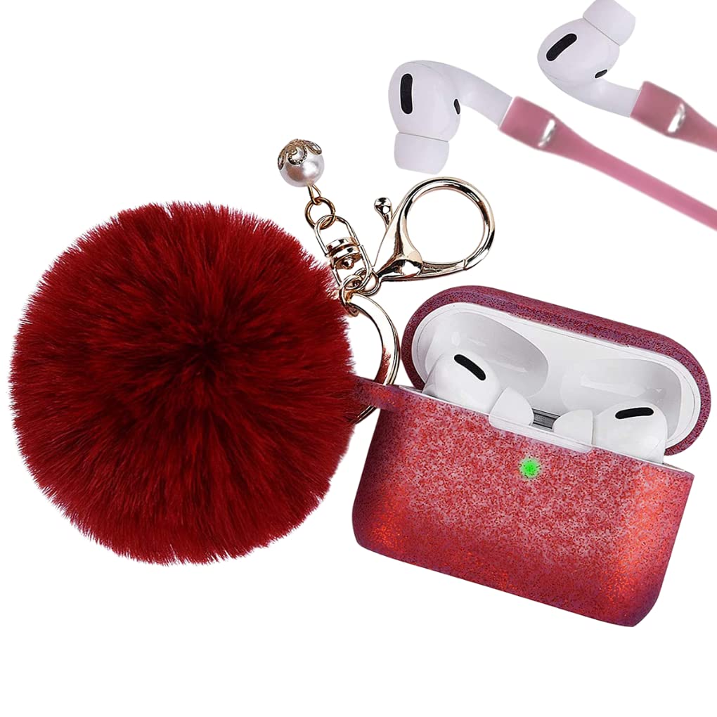 PERSONALLY YOURZ AirPod PRO Case 3PCS SET Shockproof Triple Protective Premium Silicone Skin Case Cover with Fluffy Pompom & Gold Plated Key Ring [ Front LED Visible] Best Gift for Females GLITTER RED