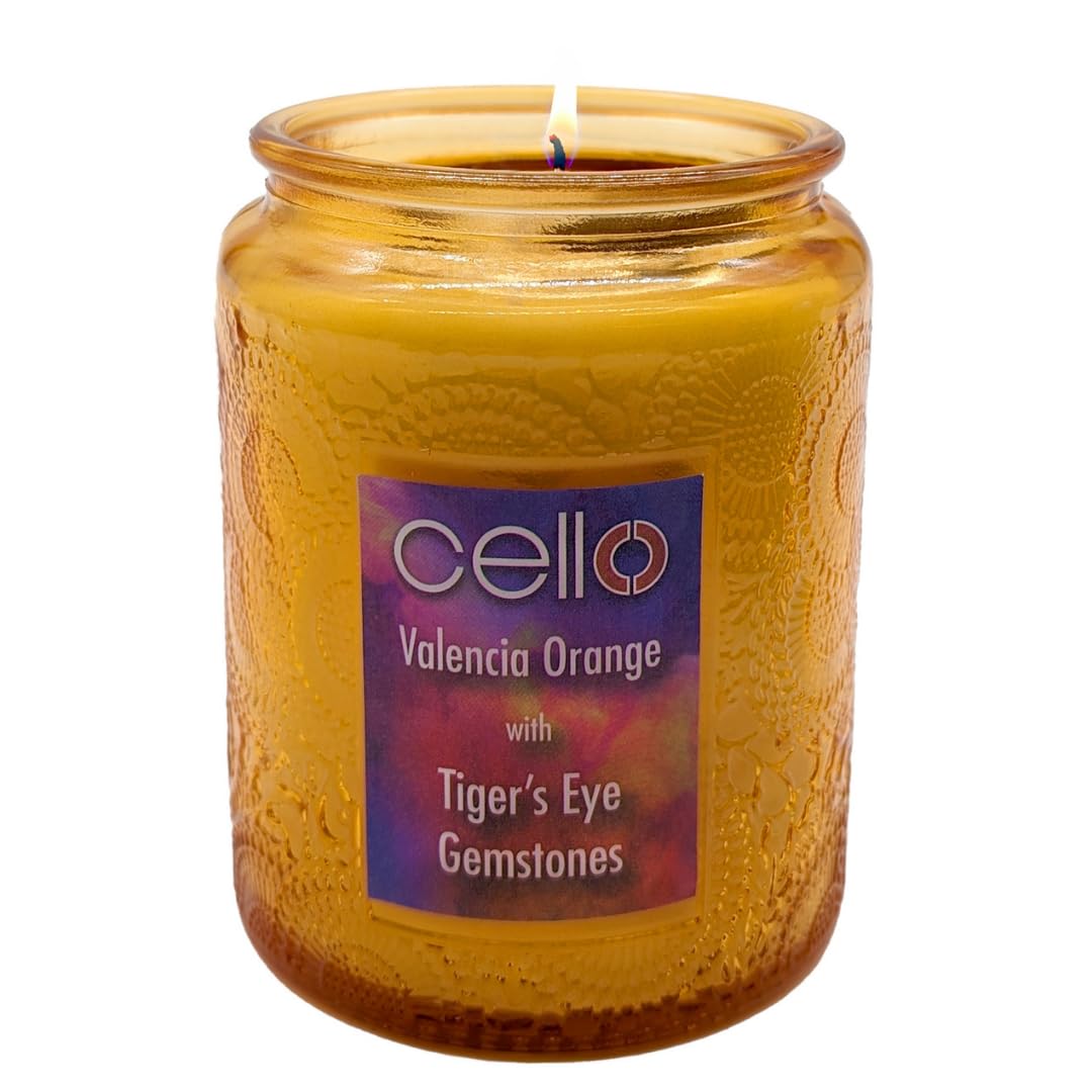 Cello Large Scented Tiger's Eye Candle | Stunning Crystal Wick Candle with Gemstones | Anxiety Relief Scent Ideal Gifts for Women Orange Crystals