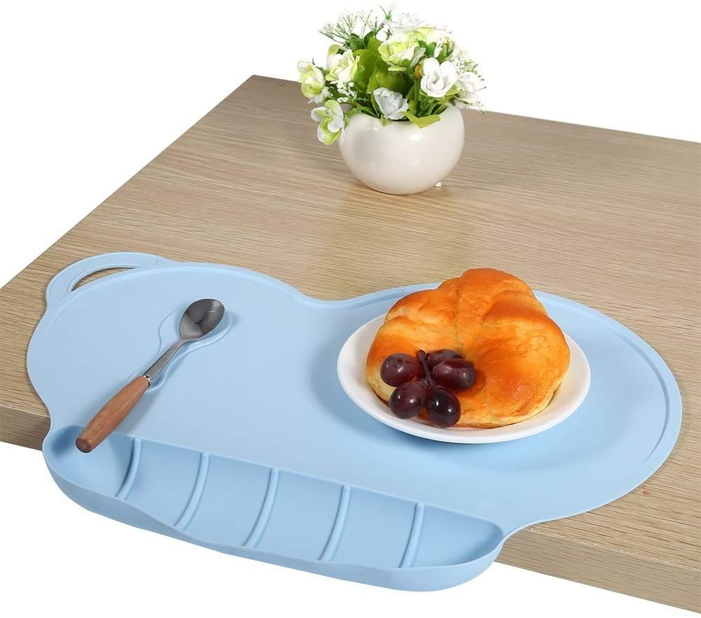 Childrens Placemats,Silicone Suction Non-Slip Baby Eating Mat with Food Catcher Eholder Fits Most Highchair & Table Anti-Slip Heat Proof Stain Resistant Washable Toddler Tablemat, Portable Tableware