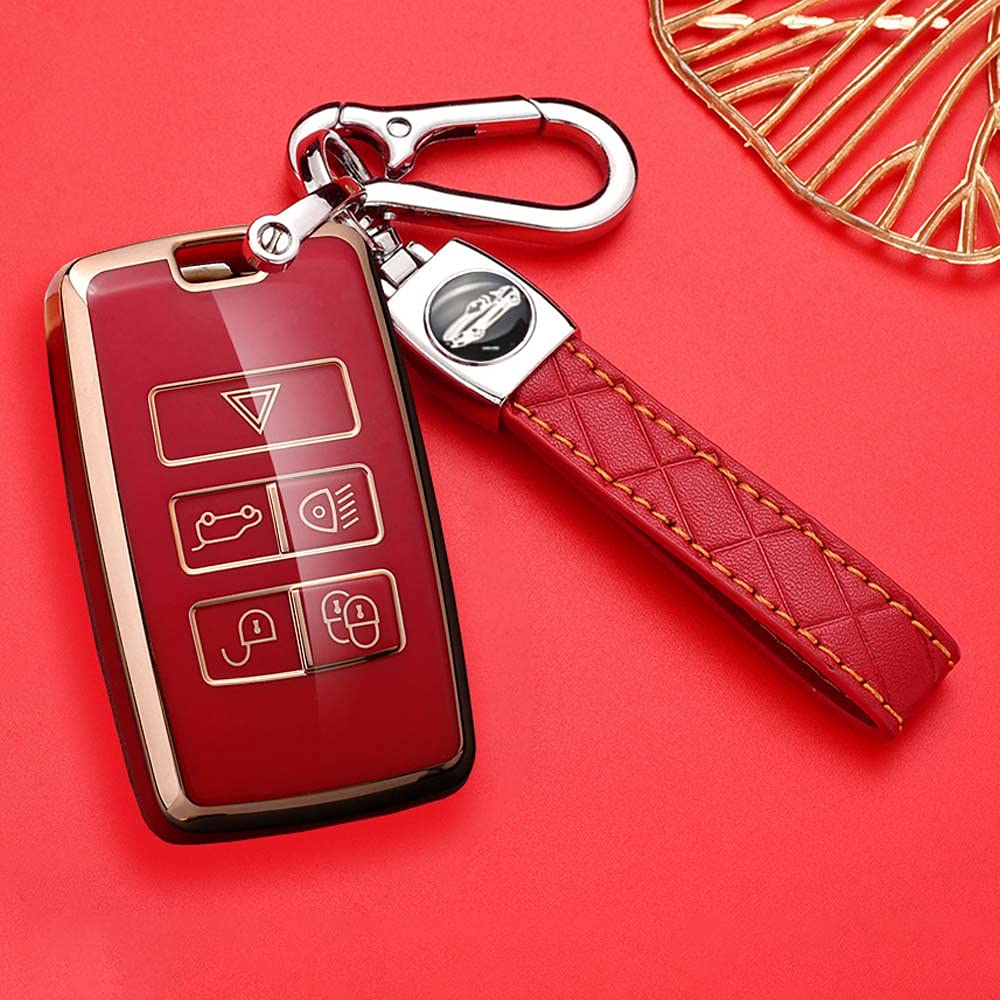 HIBEYO Smart Car Key Case Fits Land Rover Protective Case Key Cover TPU for Jaguar XE XF XJ Range Rover Sport Evoque Velar Smartkey Key Ring Remote Key 5 Buttons (B Red)