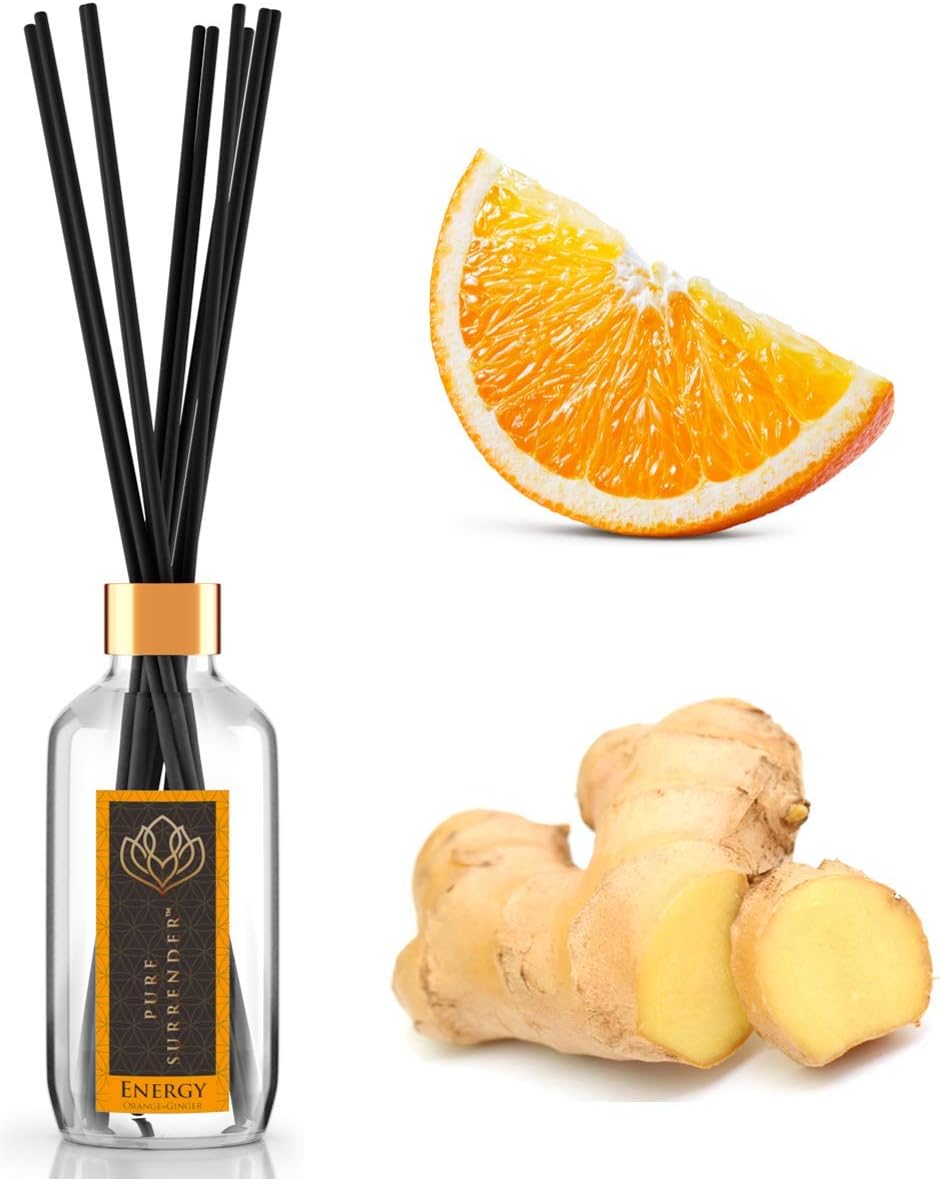 Energizing Aromatherapy Scent Diffuser with 100% Pure Orange and Ginger Essential Oils | Home Fragrance | 10 Reed Diffuser Sticks and 4 oz Bottle | Hand Made in The USA