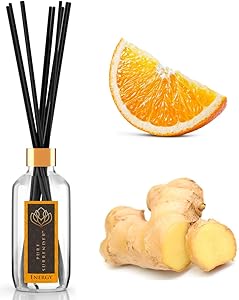 Energizing Aromatherapy Scent Diffuser with 100% Pure Orange and Ginger Essential Oils | Home Fragrance | 10 Reed Diffuser Sticks and 4 oz Bottle | Hand Made in The USA