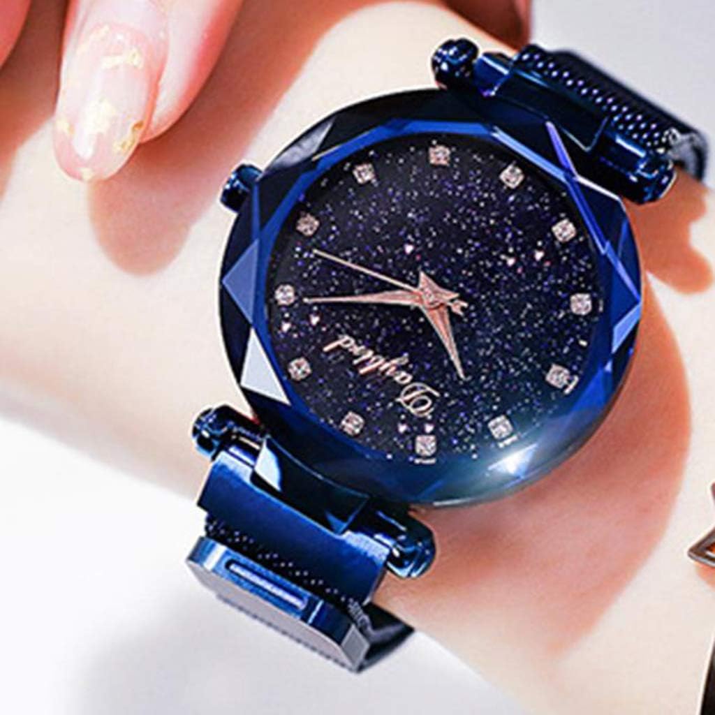 Girls' Wrist Watch Classic Steel Strap,Magnet Quartz Watch Womens Starry Sky Watch,Birthday Gift Watch Band Star Powder Wrist Watches,Blue