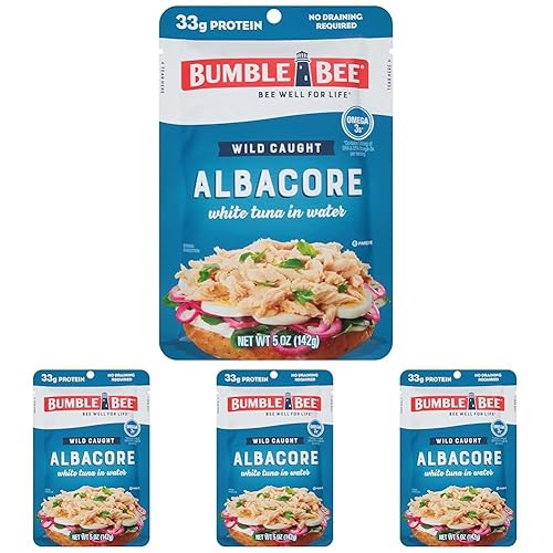 Bumble Bee Chunk White Albacore Tuna in Water, 5 oz Pouch - Ready to Eat Wild Caught Tuna Packet - 33g Protein per Pouch, High in Omega-3s - Non-GMO, Gluten Free, Kosher (Pack of 4)