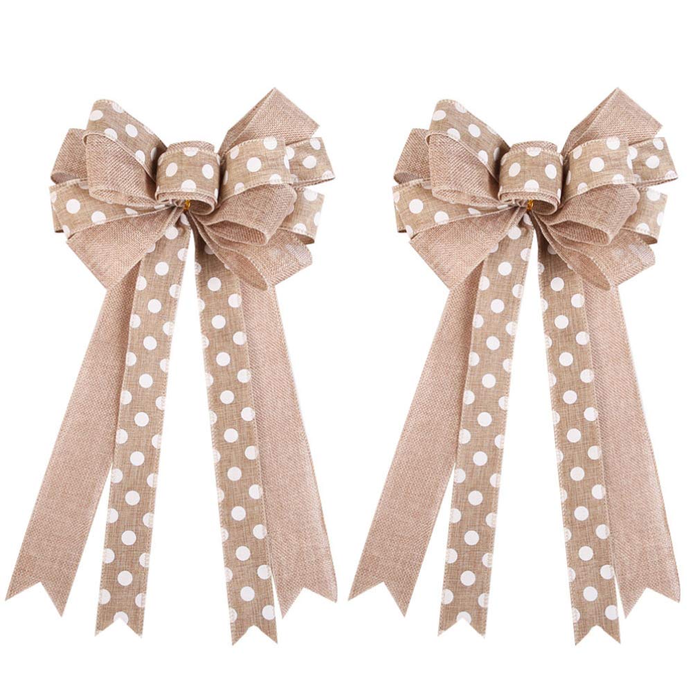 Amosfun 2pcs Christmas Burlap Bows Bowknot Christmas Tree Toppers Xmas Holiday Tree Decorations Ornaments