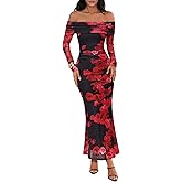 MEROKEETY Women's Fall Off Shoulder Floral Maxi Dresses Formal Long Sleeve Bodycon Cocktail Wedding Guest Dress