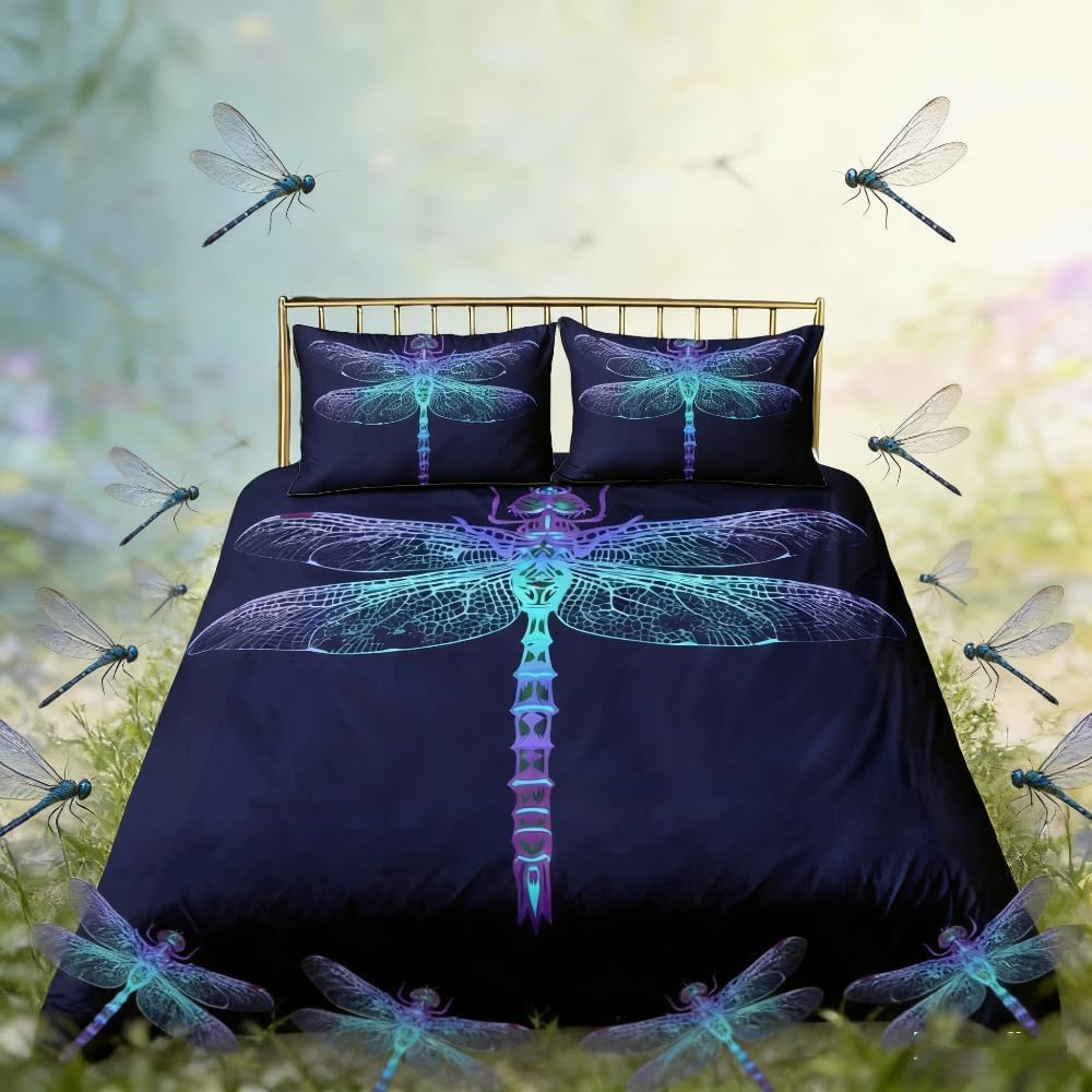 Loussiesd Dragonfly Duvet Cover Set Double Size for Kids 3D Print Nature Insect Bedding Set Animal Comforter Cover with 2 Pillow Shams Zipper Ultra Soft Microfiber Modern Design Bedspread Cover