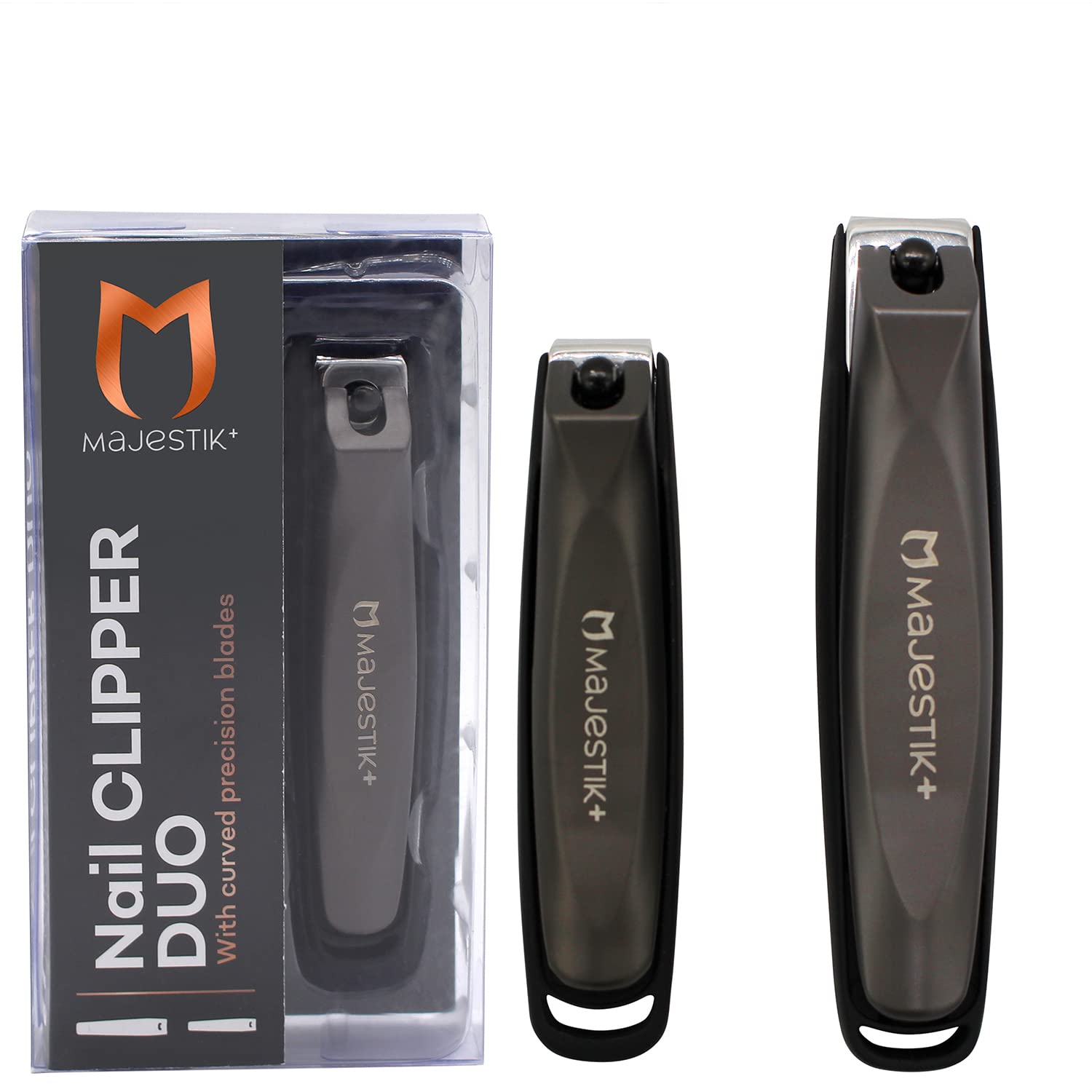 Nail Clippers Set Black 2 PCs Professional Stainless Steel Fingernail & Toenail Clippers with Nail Catcher Curved Edge Design Rust Proof Nail Cutter for Thick Nails by Majestik+