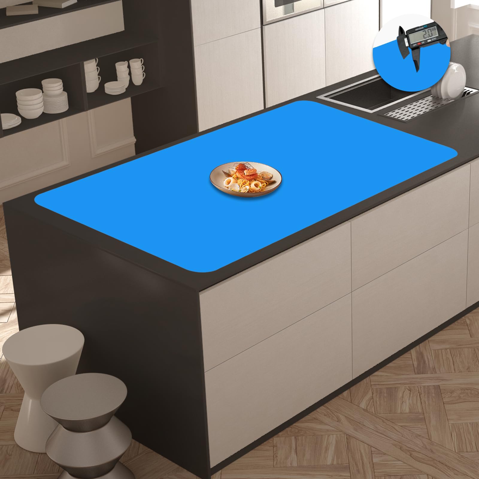 Photo 1 of 2MM Extra Thick Silicone Mats for Kitchen Counter, 35.4"x23.6" Kitchen Island Largest Heat-Resistant Baking Mat, Thicker Non-slip Desk Protect Mat, Multipurpose Countertop Protector (Bright Blue)