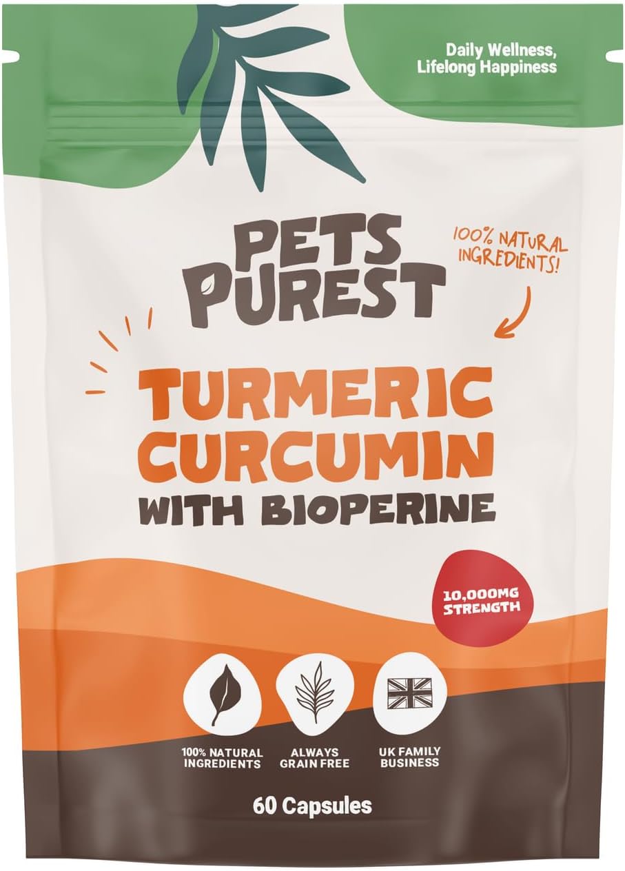 Pets Purest 100% Natural Turmeric for Dogs Cats & Pets 60 Capsules 10000mg