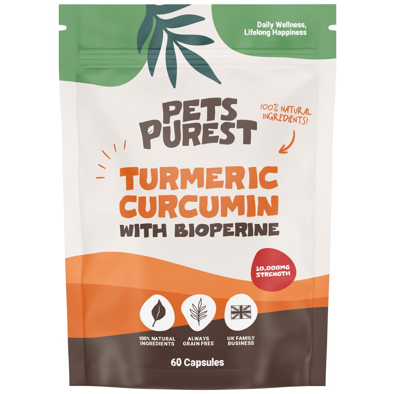 Pets Purest 100% Natural Premium Turmeric For Dogs 10,000mg with Active Bioperine Cats, Horses & Pets Powerful Antioxidant Supplement For Joints & Hips 60 capsules