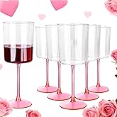 Ciaell 12 Pack 10 Oz Clear Plastic Wine Glasses with Pink Stem - Disposable Cocktail Goblets Perfect for Parties & Weddings & Poolside & Outdoors & Camping & Party & Valentine's Day