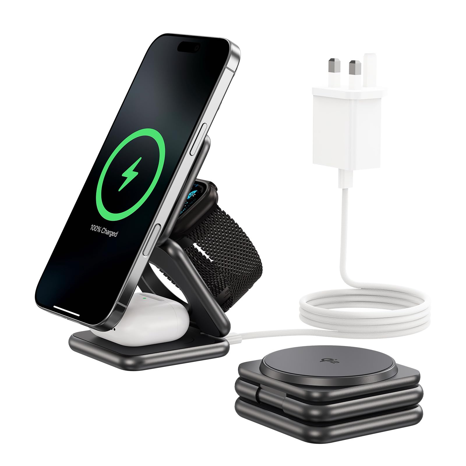 KU XIU X40Q Foldable 3-in-1 Wireless Charging Station, Qi2-Certified 15W Fast Wireless Charger Stand for iPhone 12–17 Series, 5W for iWatch & Wireless Earbuds, Aluminum Portable Design – Grey