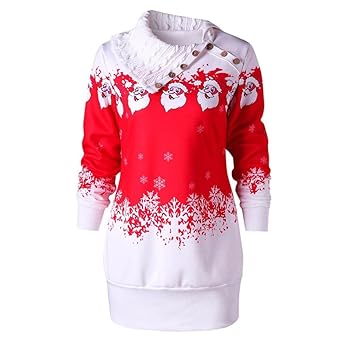 Btruely Weihnachtskleid Damen Sweatshirt Christmas Kleider Langarmshirt Xmas Elch Gedruckt Kleid A-Line Swing Kleid Abendklei