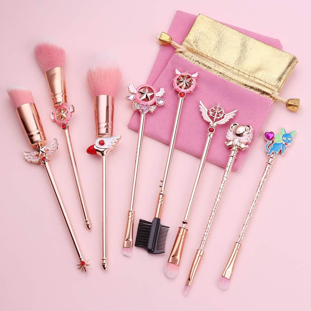 YINUO Makeup Brush Set of Sailor Moon&Sakura with Pink Brush Bag Gold Alloy Handle Foundation Powder Flat Eyeline Blush Brushes Set for Women Girls Birthday Gift Pack of 8 (Sakura 2-Rose Gold)
