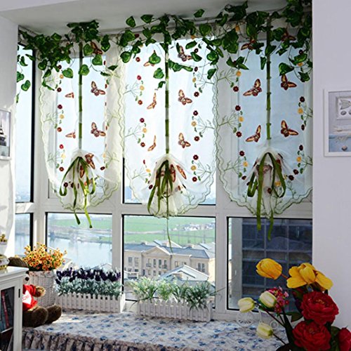 FUA® 1 Piece Pastoral Tulle Window Roman Curtain Embroidered Sheer For Kitchen Living (B)