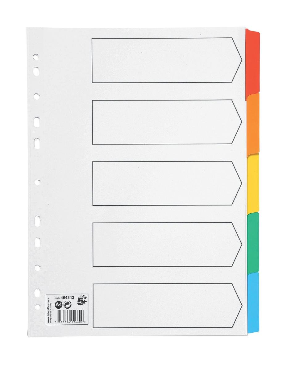 5 Star Office Index 150gsm Card with Coloured Mylar Tabs 5-Part A4 White