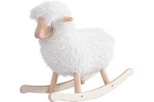 JOLIE VALLÉE TOYS & HOME Rocking Horse for 1+ Year, Baby Rocking Horse for 1 Year Old,Wooden Cow/Yak Horse Rocking with Wicker Plush Fur for 2 Years Old(Bull Buffalo) (White Lamb)