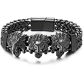 COOLSTEELANDBEYOND Steel Double Square Franco Link Bike Chain Three Lion Heads Bracelet, Magnetic Clasp