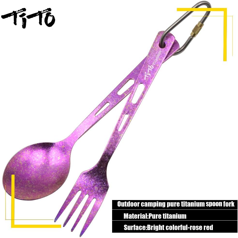 TiTo Titanium Spork Tableware Set Outdoor Camping Titanium Spoon Knife Collection 3 New Environmental Protection Sets with Box And Cloth Bag (2pcs Rose Spoon fork) - Image 3