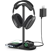 HiWe Universal Headphone Stand, Magnetic Wireless Charger for iPhones/AirPods/iWatch, Aluminum Alloy Rod, Leather Pad, ABS Solid Base, Black