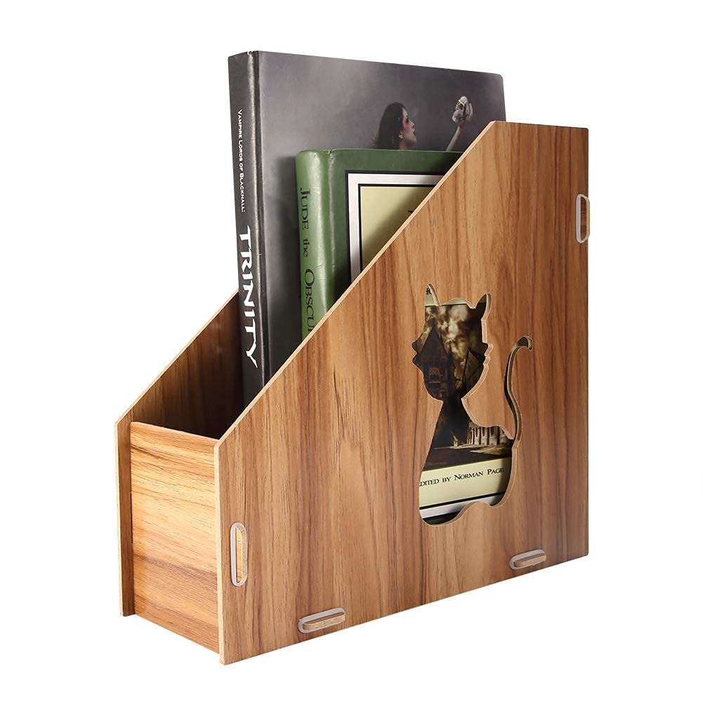 Office Desktop File Storage Box, DIY Wooden Hollow Cats Office File Sorter, Document Books Magazine Holder Sorter for Office Desk 9.84x3.94x9.44in