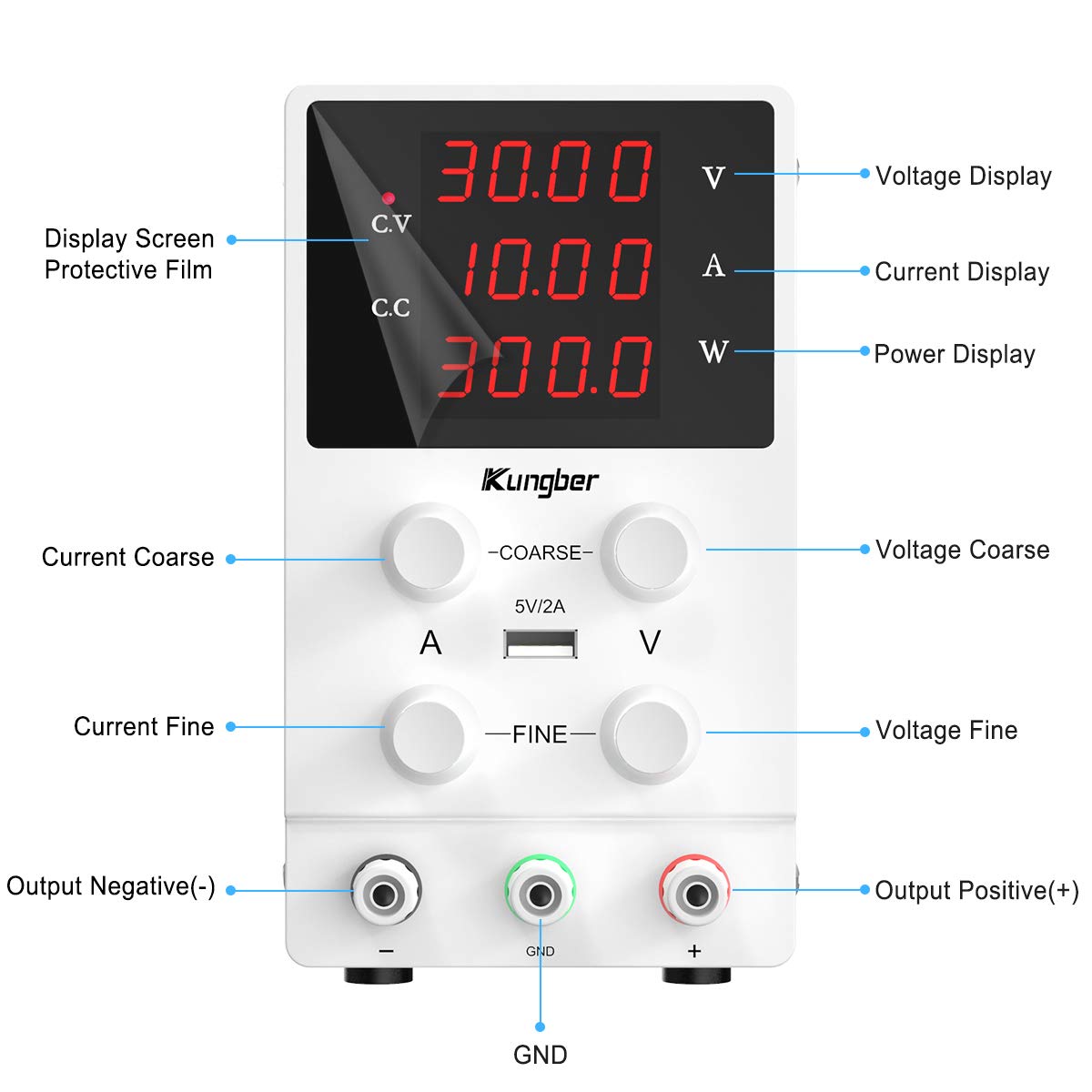 Kungber DC Power Supply Variable, 30V 10A Adjustable Switching Regulated DC Bench Linear Power Supply with 4-Digits LED Power Display 5V2A USB Output, Coarse and Fine Adjustments with Alligator Leads: Computers & Accessories