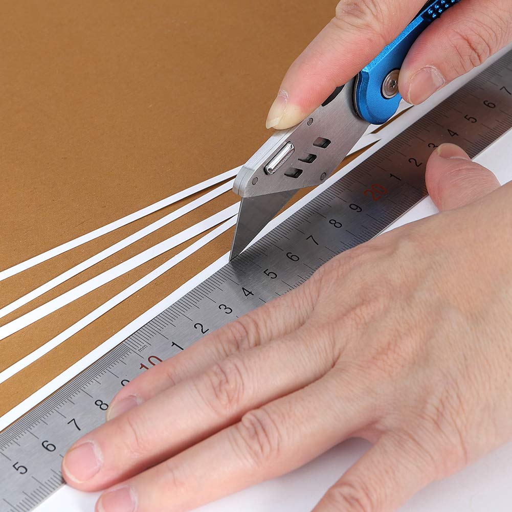 Folding Utility Knife Heavy Duty Box Cutter with 5 SK5 Quick Change Blades, Safety Lock-Back Design, Lightweight Aluminum Body Belt Clip for Office, Home(Blue)