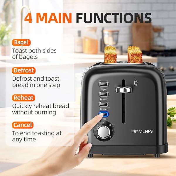 RAMJOY BLACK TOASTER 2 SLICE, EXTRA WIDE SLOT TOASTER FOR BAGELS, BREAD, WAFFLES, 7 SHADE SETTINGS, 4 MAIN FUNCTIONS, REMOVABLE CRUMB TRAY, 900 WATTS TOASTERS, BLACK STAINLESS STEEL