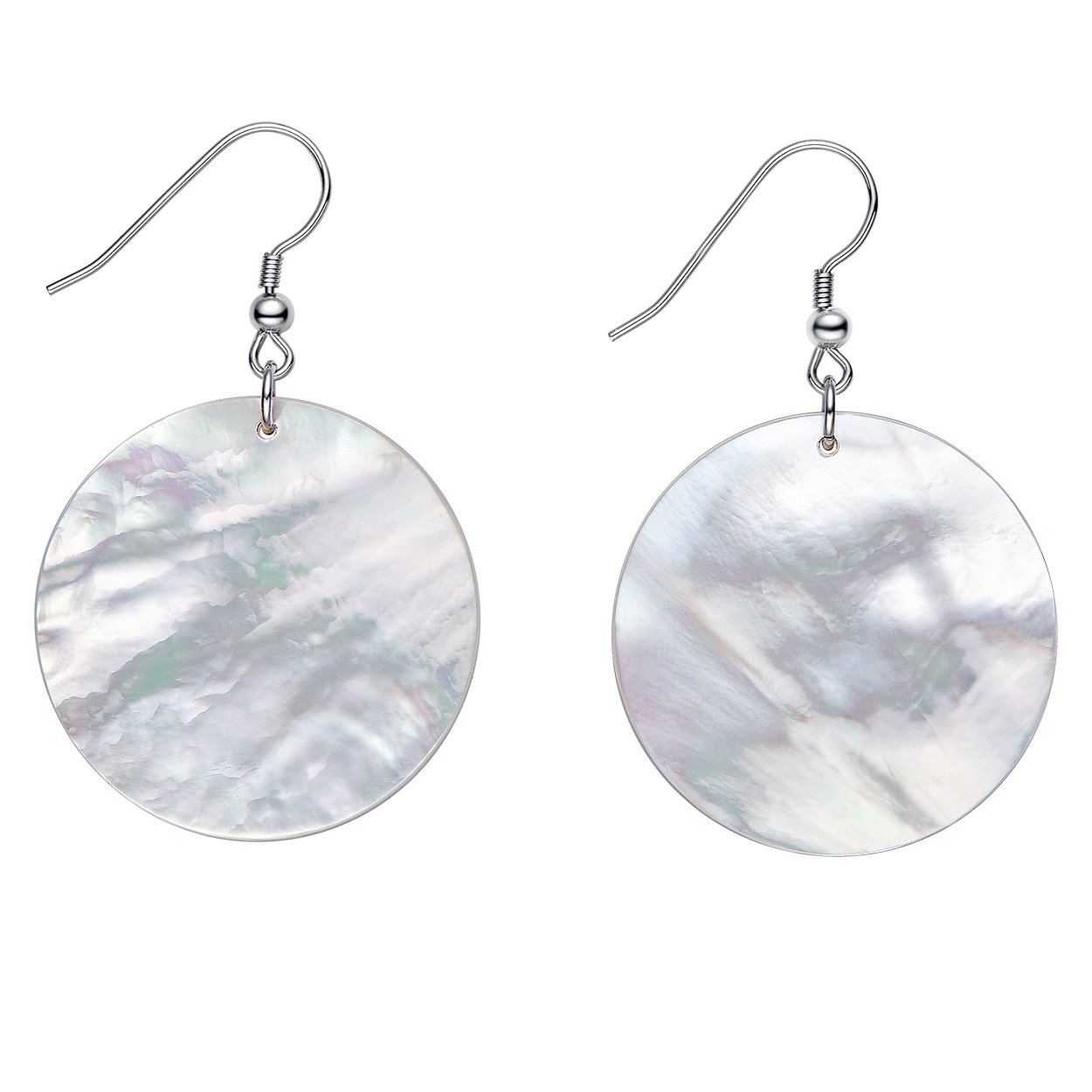 Large Round Dangle Earrings Sterling Silver Shell Drop Earrings , White