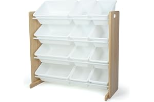 Humble Crew Kids Toy Storage Organizer with 12 Plastic Bins, Natural Wood/White – Removable Bins for Playroom, Bedroom, Toddl