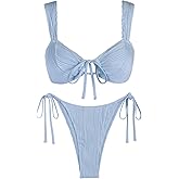 ZAFUL Women's Cinched Bikini Solid Color Wave Textured Knotted Tied Side Two Piece Swimsuit Bathing Suits