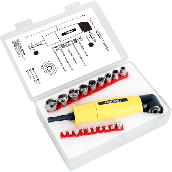 Notimin Winkelvorsatz 90° Winkelschrauber Vorsatz Adapter Rechtwinklig TreiberWinkelverlängerung inkl. 10 Bits und 9 Stecksch