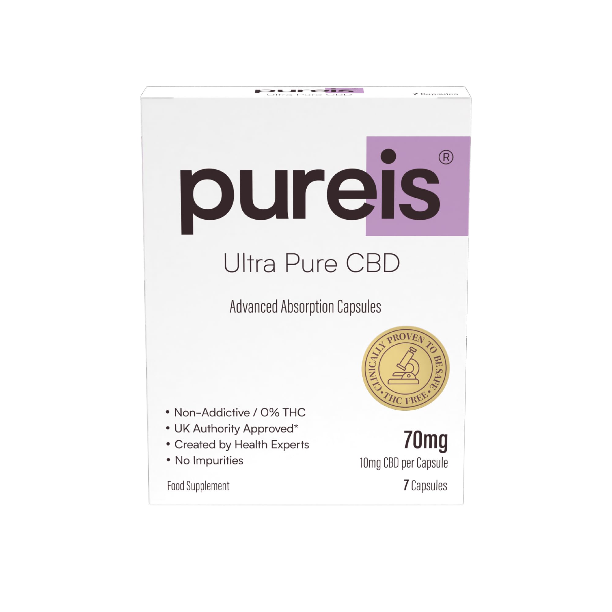 Pureis CBD Capsules, Ultra Pure, Advanced Absorption - CBD Supplement Fast Absorption - 10mg - 0% THC, Non-Addictive, Vegan, Gluten-Free - 7 Capsules