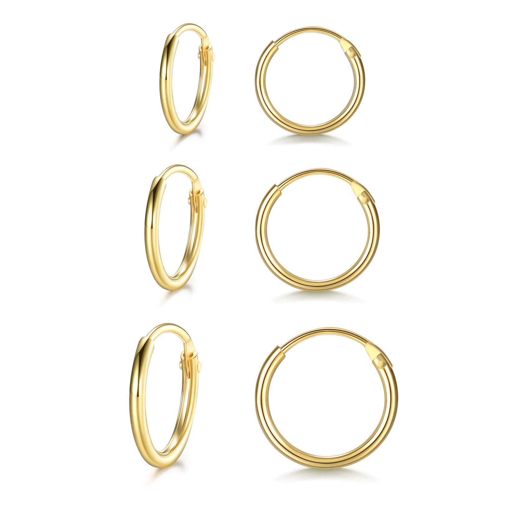 LYTOPTOP 3 Pairs Gold Hoop Earrings for Women S925 Sterling Silver Small Hypoallergenic Earrings Set Cartilage Nose Lip Rings for Men Girls, 8/10/12/14mm