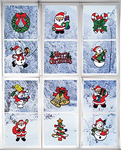 Christmas Decorations  Holiday Window Sticker Clings - 12 Pack - Santa Claus, Snowman & Many More