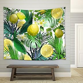 Vector - Seamless Pattern of Lemon, Flowers and Tropical Leaves on a White Background. - Fabric Wall Tapestry Home Decor - 51x60 inches