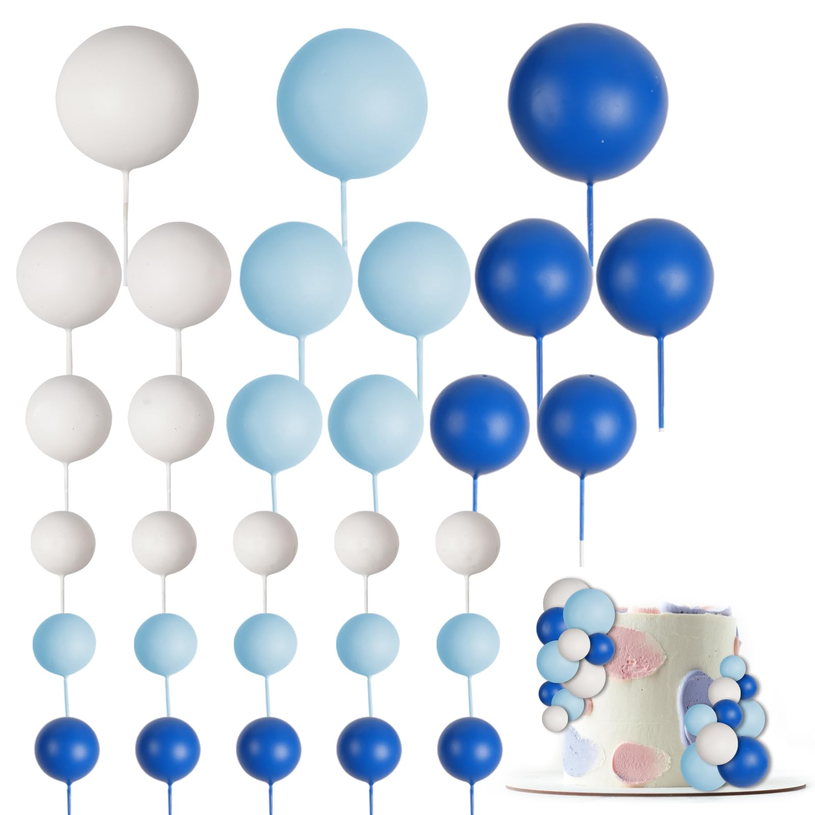 Photo 1 of 30 PCS Balls Cake Topper DIY Cake Insert Toppers Ball Cake Picks Cupcake Topper for Birthday Party Baby Shower Wedding Cake Decoration(Blue White Dark Blue)