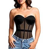 Kaei&Shi Sheer Mesh Overbust Corset,Sexy Strapless Lace Up Satin Bra Corsets Top For Women Shapewear