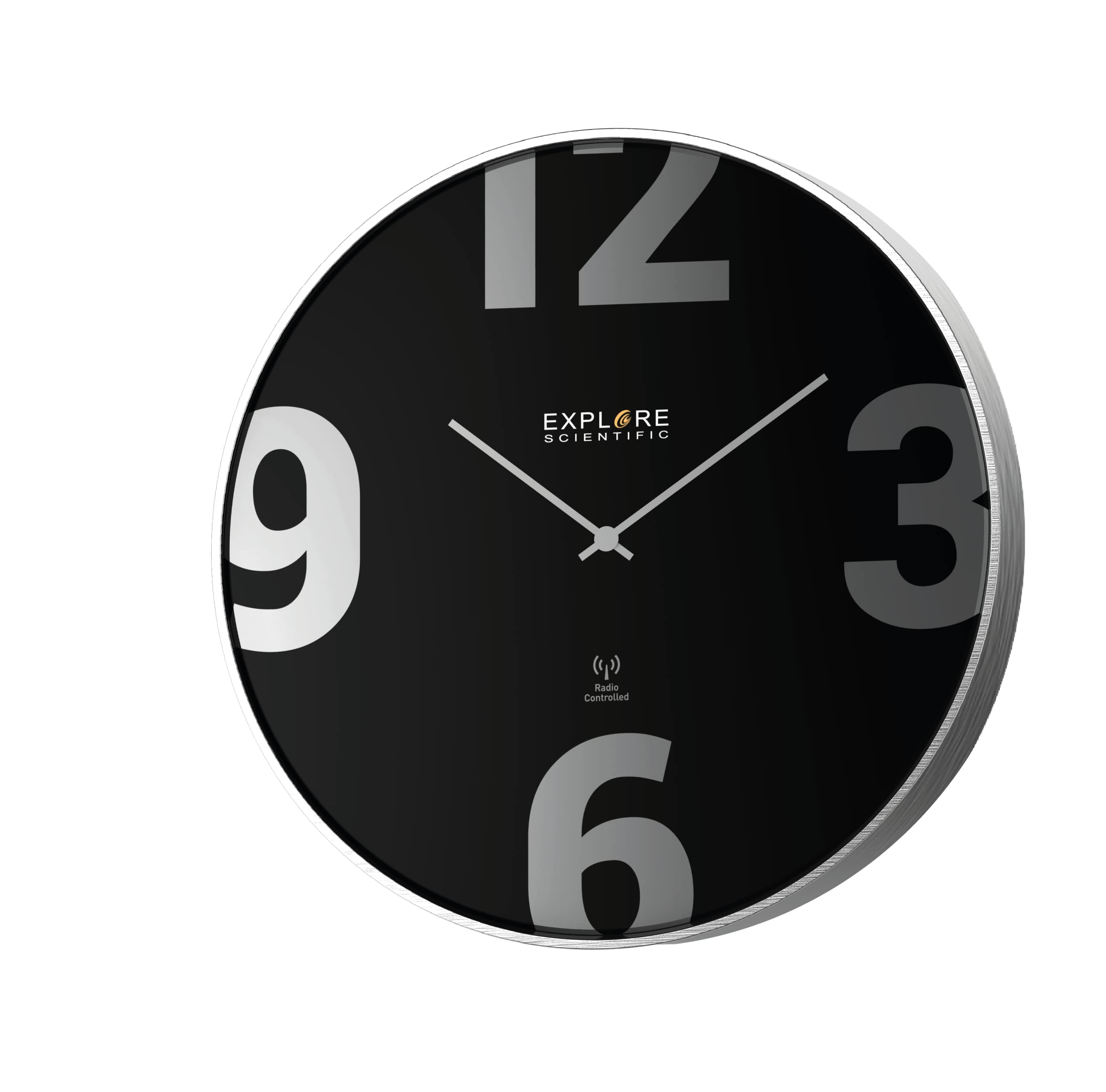 Explore Scientific RAC1002 Wall Clock diameter 25 cm, Radio Controlled, Precise Movement, No Adjustment, Contemporary Design, Chic, Metal, Black