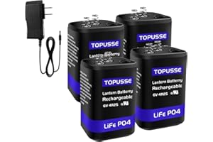 TOPUSSE 4 Pack Rechargeable 6 Volt 4.5AH LiFePO4 Lantern Battery with Charger 1500+ Cycles, 6V Batteries Battery with BMS (Spring Terminals)