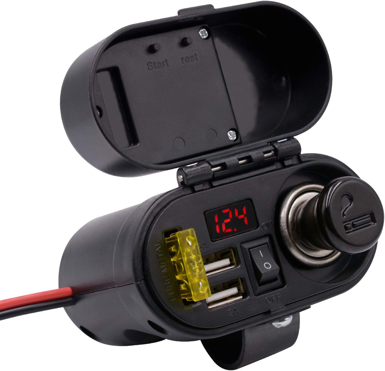 ShinePick 5V/3A Dual USB Charger Socket Waterproof Motorcycle Handlebar & Rear View Mirror Clamp Power Adapter Charger with Cigarette Lighter Socket, Clock and Voltmeter for Phones/Tablets/GPS