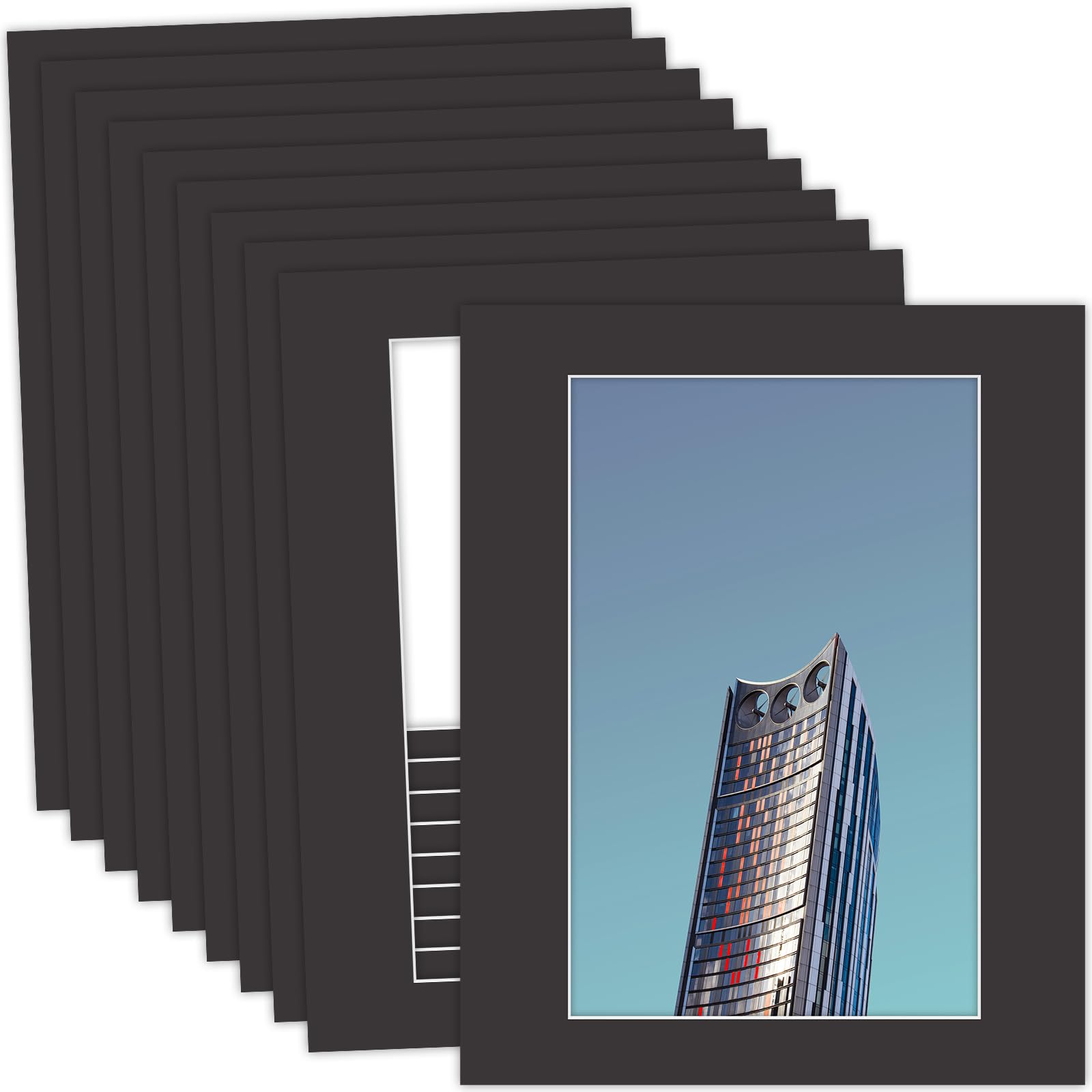 MBC Mat Board Center, 10 Pack 16x20 for 11x17 Black Picture Mats Frame Mattes, Bevel Cut, Acid Free, 4-ply Thickness Image