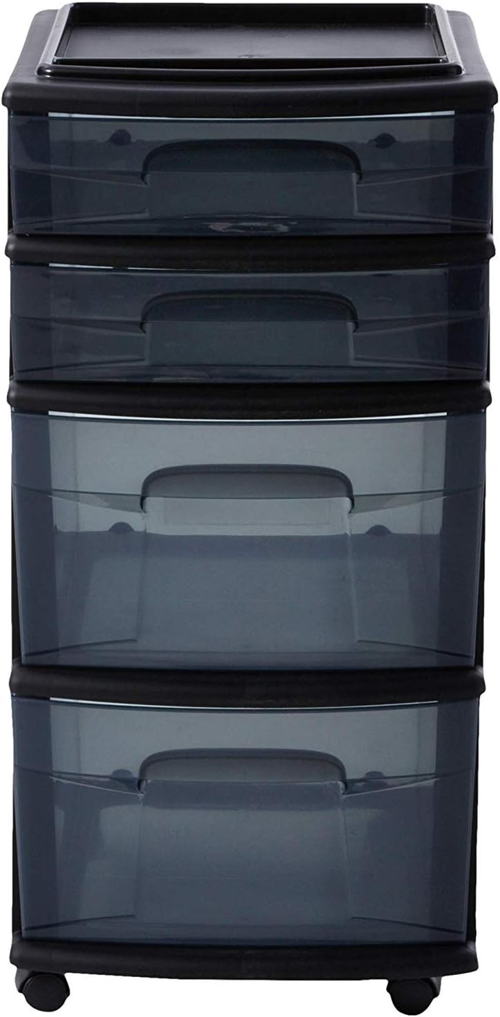 HOMZ Plastic 4 Drawer Medium Cart, Black Frame with Smoke Tint Drawers, Casters Included, Set of 1: Home & Kitchen