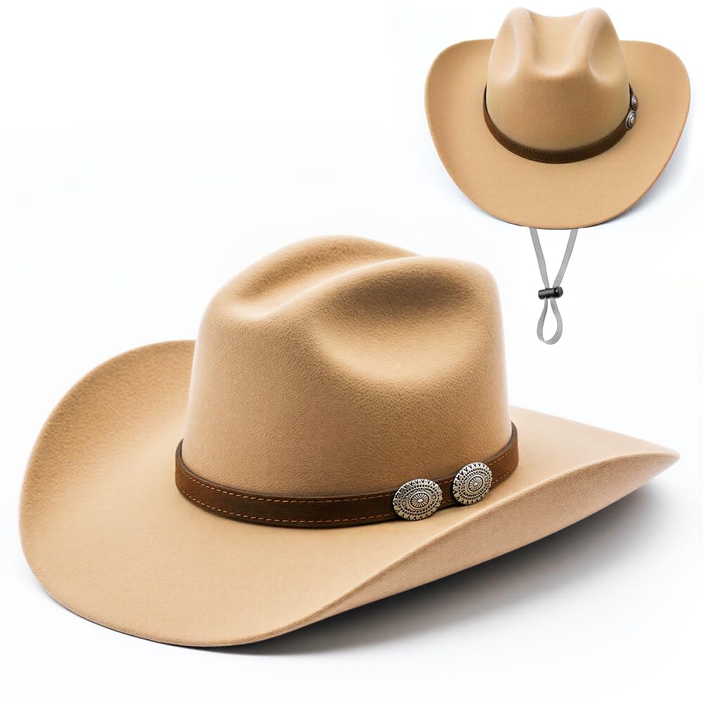 Dlishka Adult Cowboy Hat for Men & Women, Felt Western Cowgirl Hat Size M 57cm, Wide Brim Sun Protection Cowboy Outfit Accessory for Cowgirl Outfits for Women, Country & Western Party Costume (Beige)