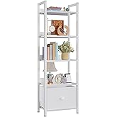 Furologee 5 Tier Bookshelf with Drawer, Tall Narrow Bookcase with Shelves, Wood and Metal Book Shelf Storage Organizer, Modern Display Standing Shelf Unit for Bedroom, Living Room, Office, White