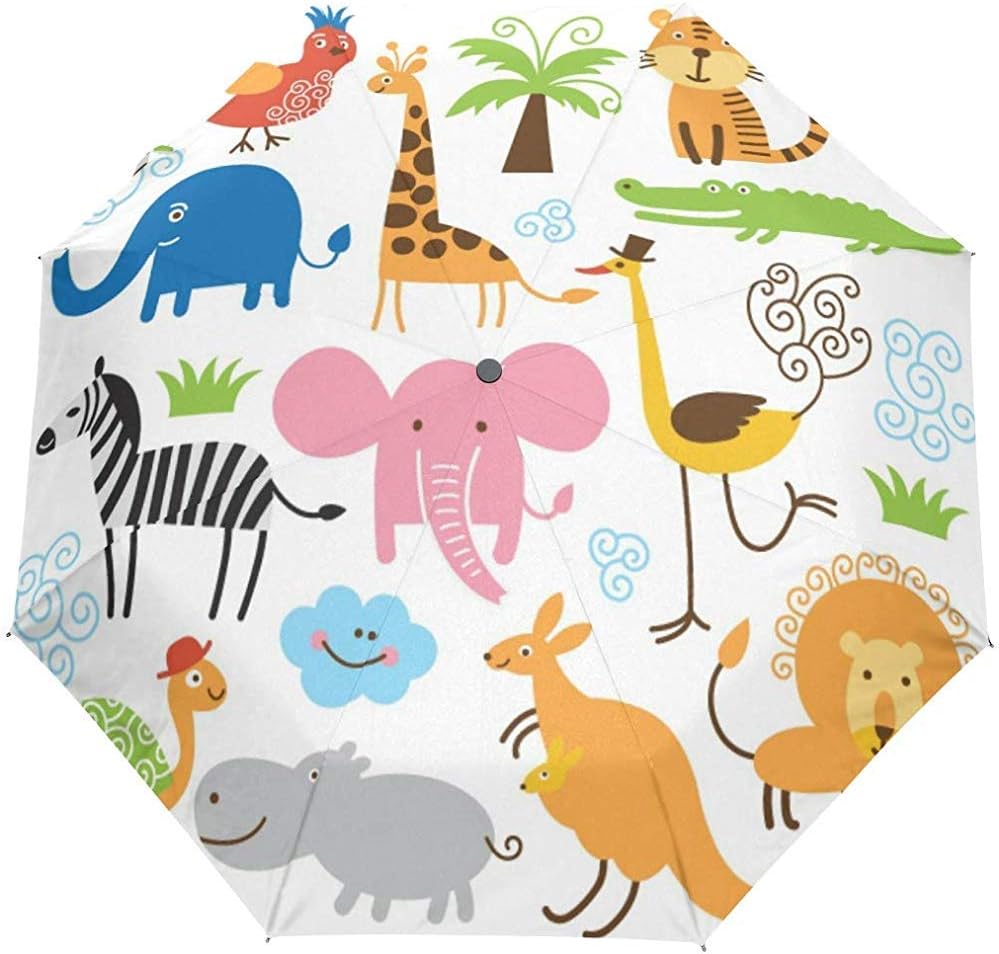 Cute Tropical Animal World Giraffe Elephant Turtle Auto Open Umbrella Sun Rain Umbrella Anti UV Folding Compact Automatic Umbrella