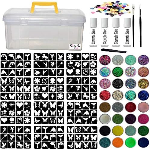 Glitter Tattoo Kit - Jumbo Girls Princess 288 Stencils Brushes Glitter Pots Gems Clear Box Waterproof Adhesive (Complete Kit 44)